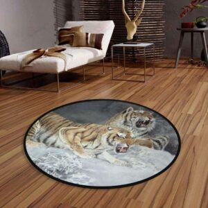 Angry Tigers Round Carpet Floor Rug Living Room Bedroom Decor Round Area Rug Carpet
