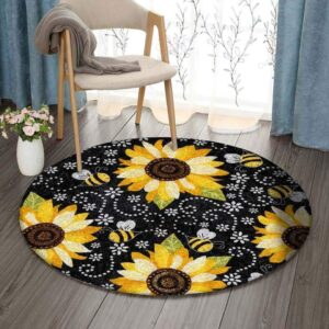 Bee And Sunflower Round Carpet Floor Rug Living Room Bedroom Decor Round Area Rug Carpet