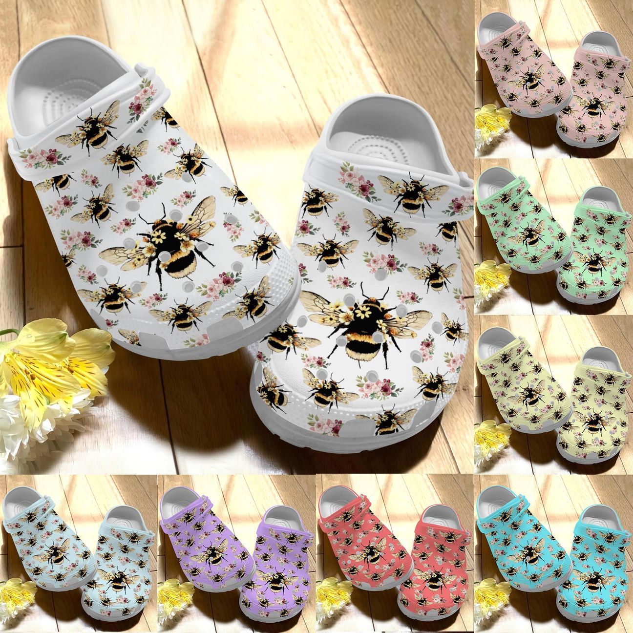 Bee Personalize Clog Custom Crocs Fashionstyle Comfortable For Women Men Kid Print 3D Whitesole Bee Flower Bee Personalize Clog Custom Crocs Fashionstyle Comfortable For Women Men Kid Print 3D Whitesole Bee Flower