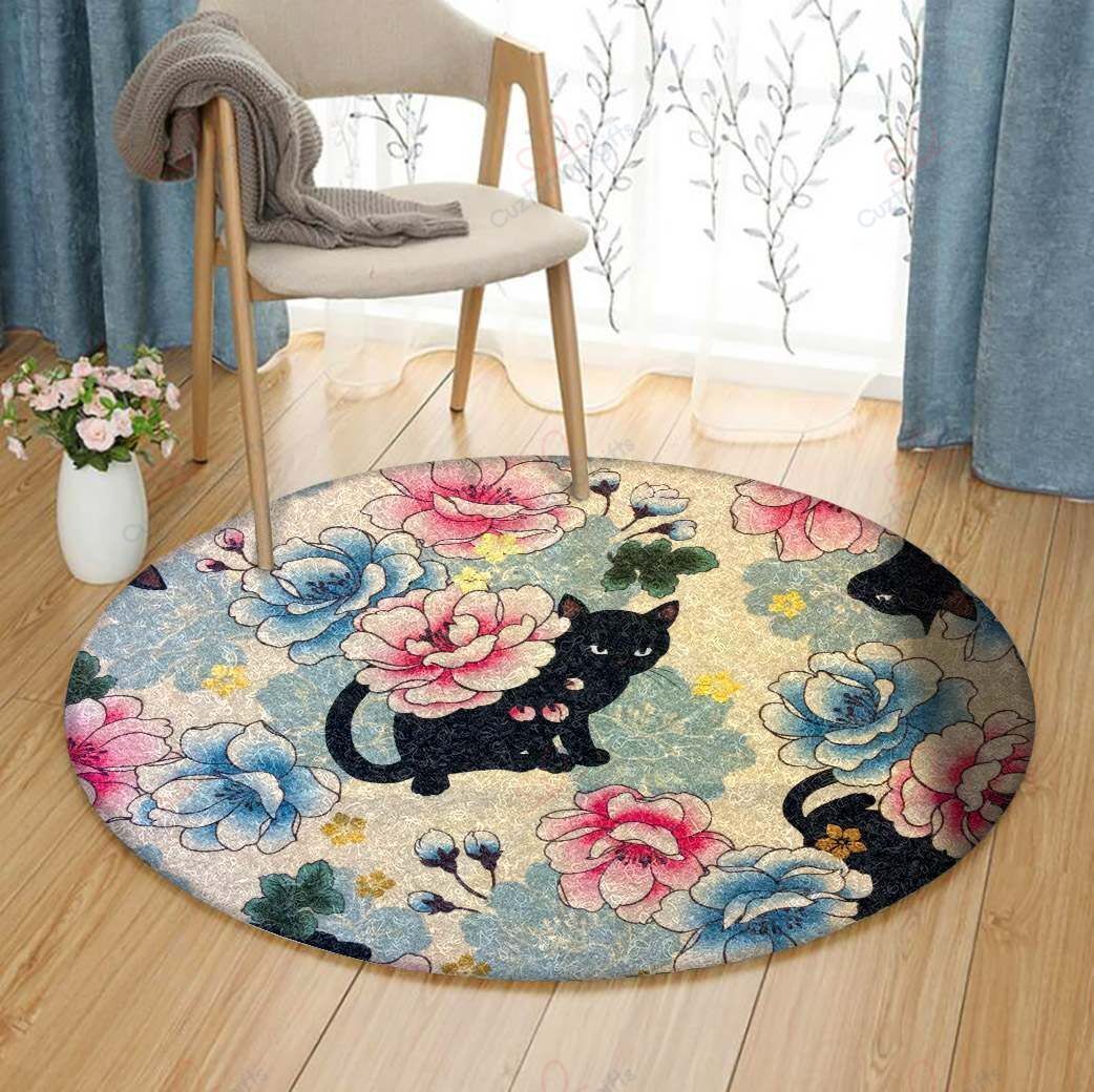 Black Cat And Flower 1 Round Carpet Floor Rug Living Room Bedroom Decor Round Area Rug Carpet Black Cat And Flower 1 Round Carpet Floor Rug Living Room Bedroom Decor Round Area Rug Carpet