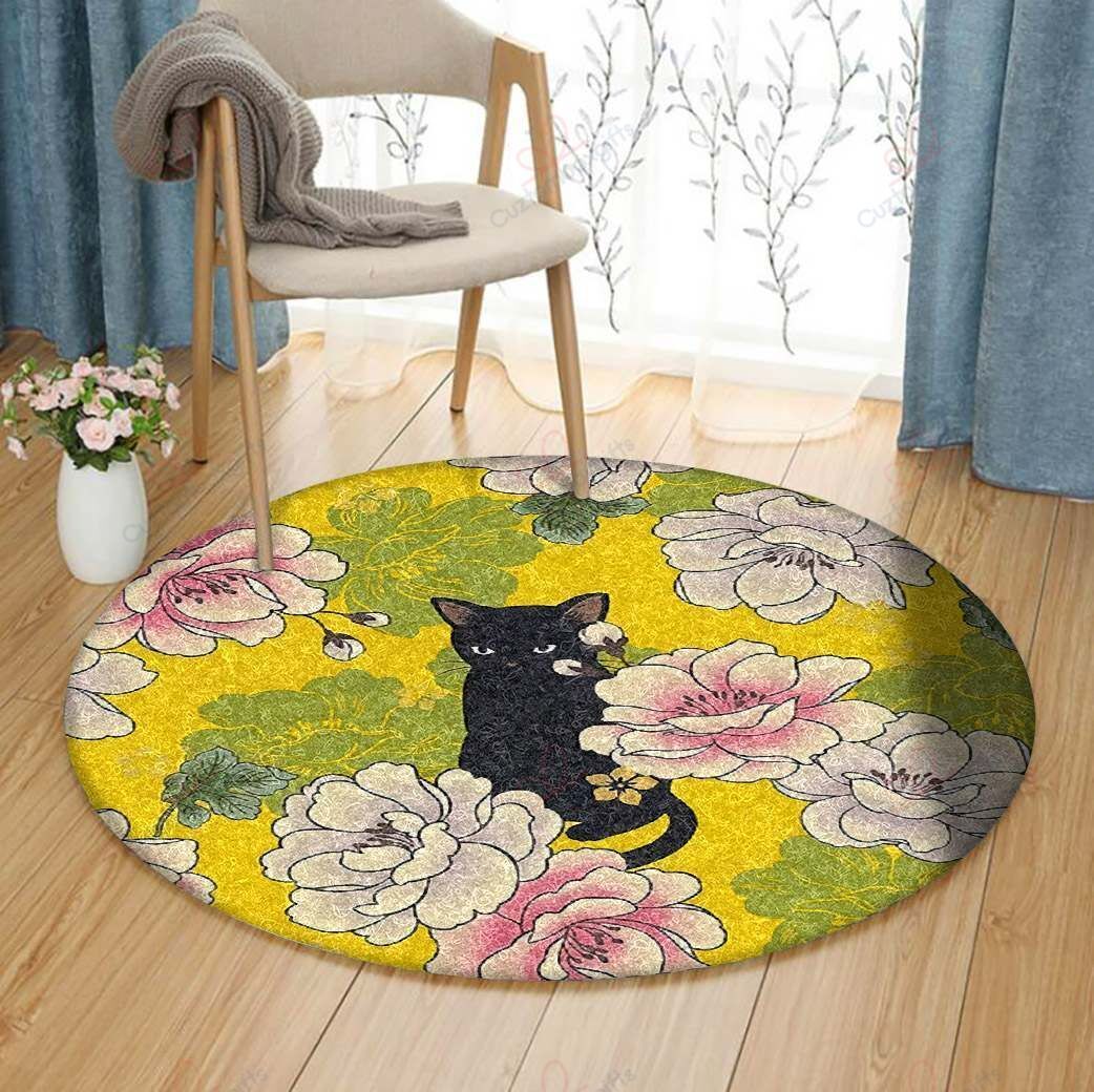 Black Cat And Flower Round Carpet Floor Rug Living Room Bedroom Decor Round Area Rug Carpet Black Cat And Flower Round Carpet Floor Rug Living Room Bedroom Decor Round Area Rug Carpet