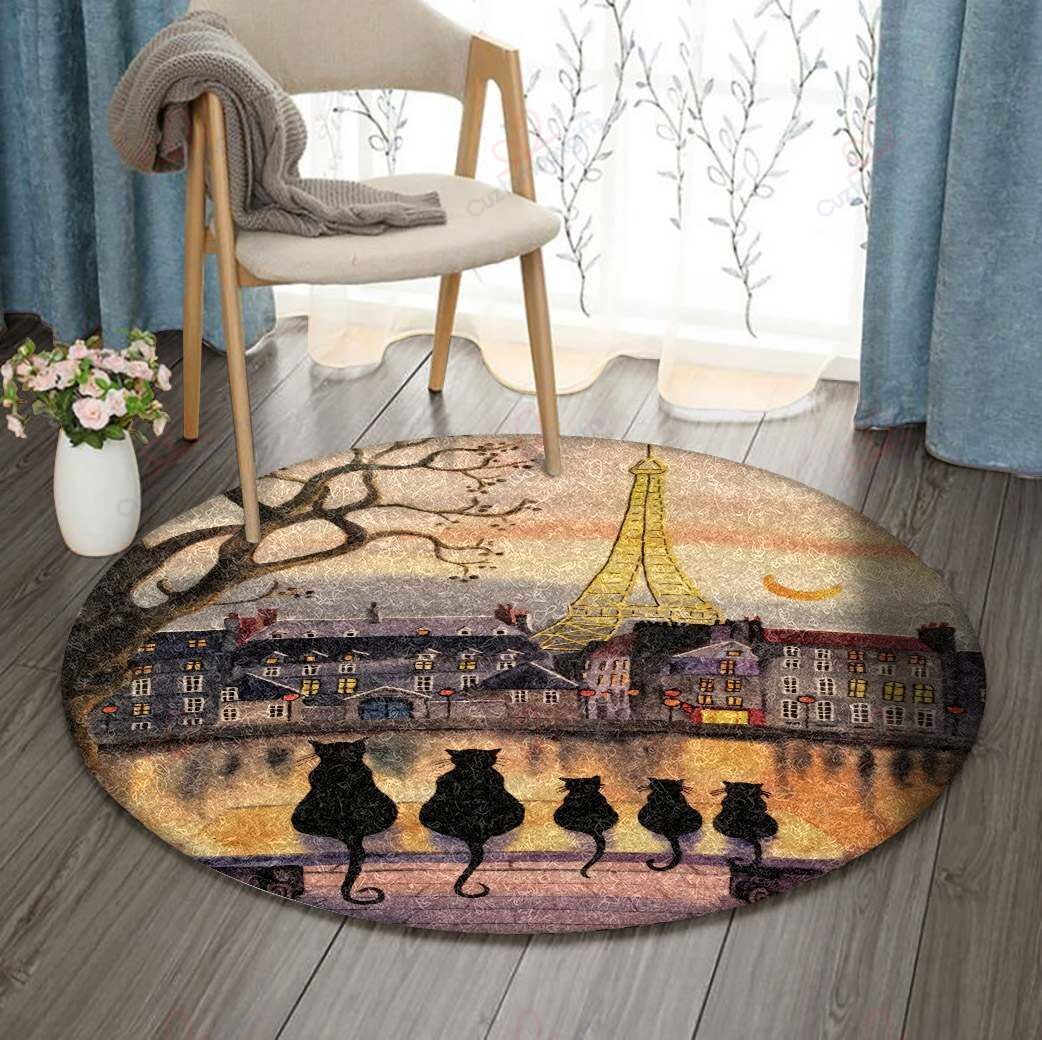 Black Cat Eiffel Tower Round Carpet Floor Rug Living Room Bedroom Decor Round Area Rug Carpet Black Cat Eiffel Tower Round Carpet Floor Rug Living Room Bedroom Decor Round Area Rug Carpet