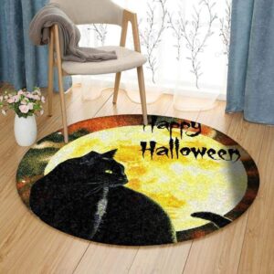 Black Cat Happy Halloween Round Carpet Floor Rug Living Room Bedroom Decor Round Area Rug Carpet