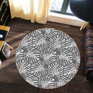 Black White Leaf Round Carpet Floor Rug Living Room Bedroom Decor Round Area Rug Carpet