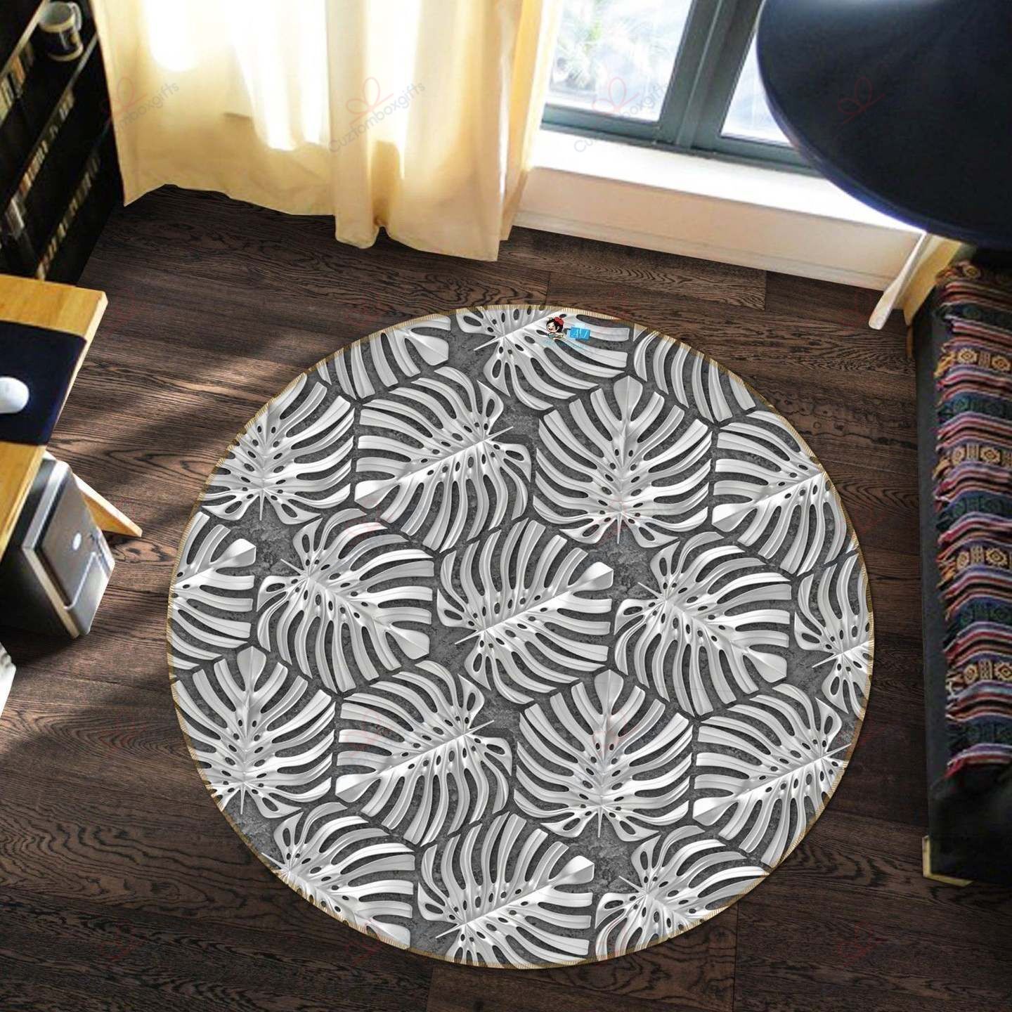 Black White Leaf Round Carpet Floor Rug Living Room Bedroom Decor Round Area Rug Carpet Black White Leaf Round Carpet Floor Rug Living Room Bedroom Decor Round Area Rug Carpet