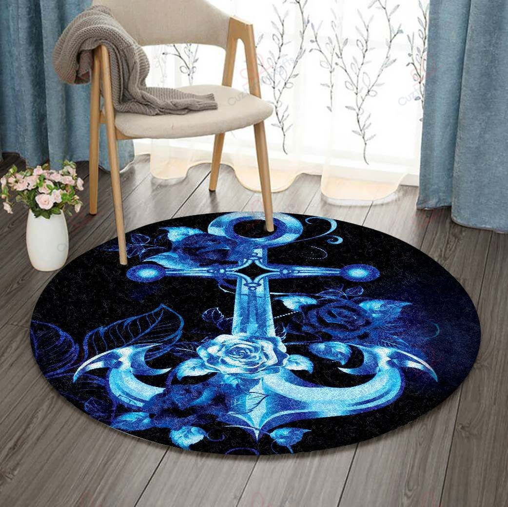 Blue Anchor And Rose Round Carpet Floor Rug Living Room Bedroom Decor Round Area Rug Carpet Blue Anchor And Rose Round Carpet Floor Rug Living Room Bedroom Decor Round Area Rug Carpet
