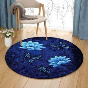 Blue Butterfly And Flower Round Carpet Floor Rug Living Room Bedroom Decor Round Area Rug Carpet