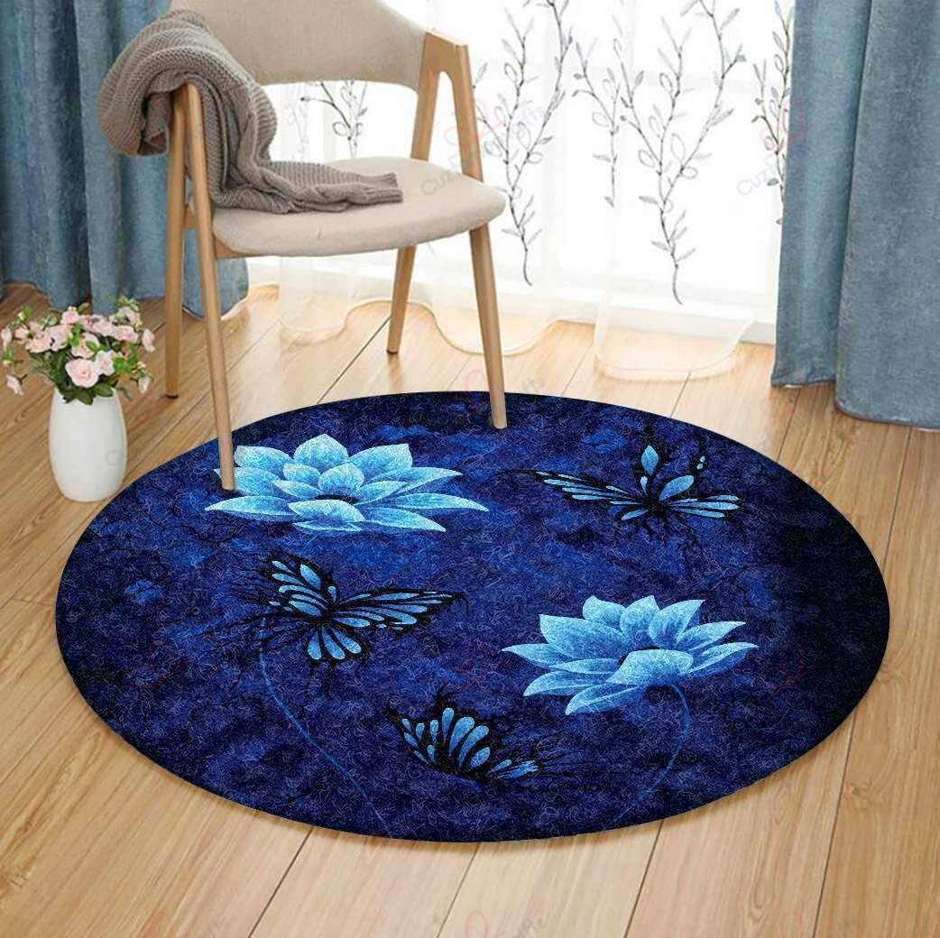 Blue Butterfly And Flower Round Carpet Floor Rug Living Room Bedroom Decor Round Area Rug Carpet Blue Butterfly And Flower Round Carpet Floor Rug Living Room Bedroom Decor Round Area Rug Carpet