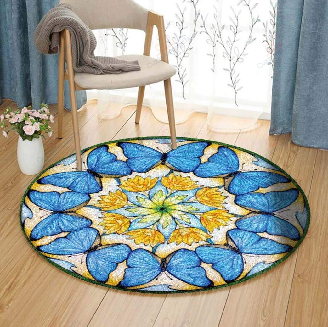 Blue Butterfly And Yelow Flower Round Carpet Floor Rug Living Room Bedroom Decor Round Area Rug Carpet Blue Butterfly And Yelow Flower Round Carpet Floor Rug Living Room Bedroom Decor Round Area Rug Carpet