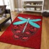 Blue Dragonfly In Red Floral Rug Sport Decor Gift Floor Decor Living Room Carpet Rug Area Rug - 0e124c9604c9