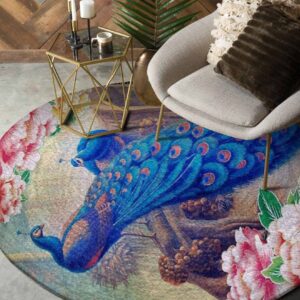 Blue Peacock 1 Round Carpet Floor Rug Living Room Bedroom Decor Round Area Rug Carpet