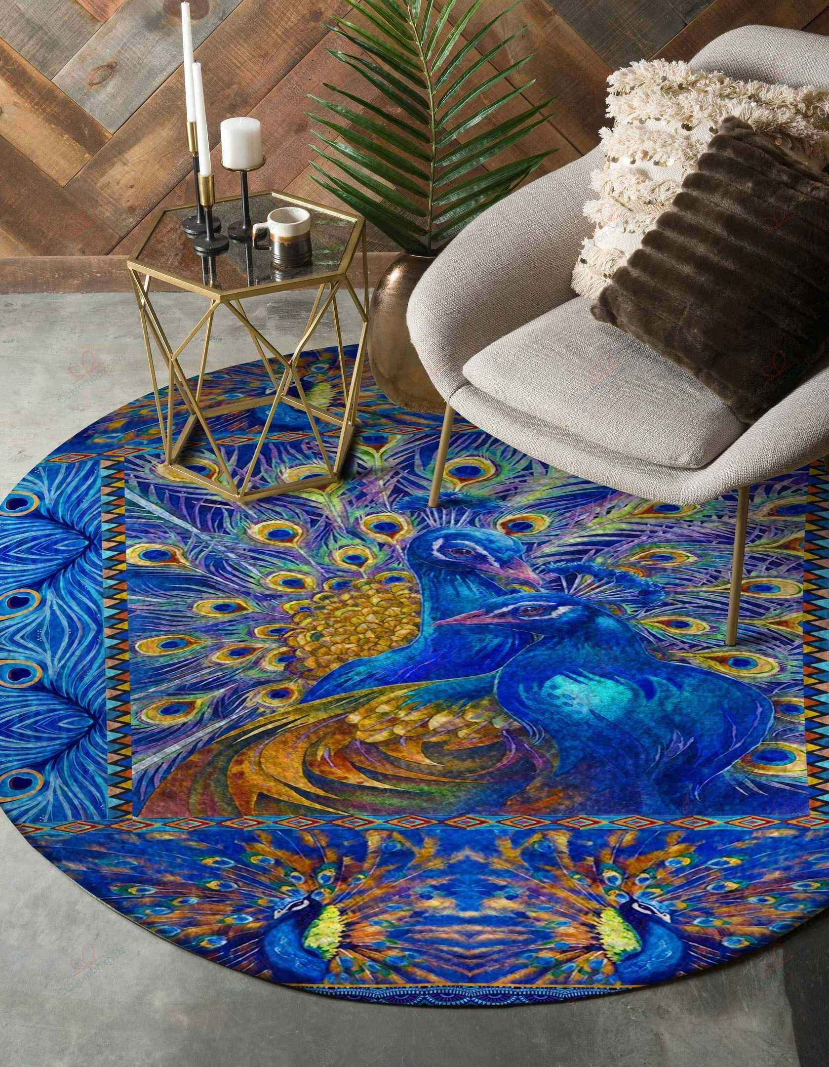 Blue Peacock Couple Round Carpet Floor Rug Living Room Bedroom Decor Round Area Rug Carpet Blue Peacock Couple Round Carpet Floor Rug Living Room Bedroom Decor Round Area Rug Carpet