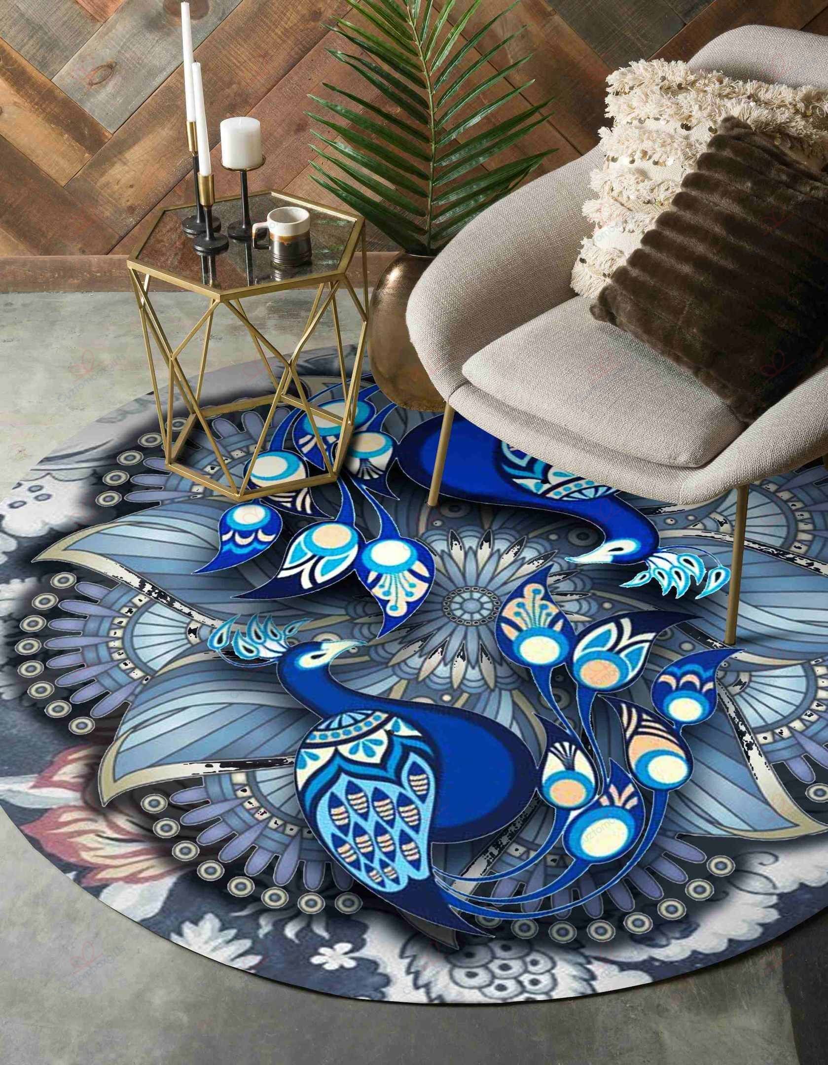 Blue Peacock Pattern Round Carpet Floor Rug Living Room Bedroom Decor Round Area Rug Carpet Blue Peacock Pattern Round Carpet Floor Rug Living Room Bedroom Decor Round Area Rug Carpet