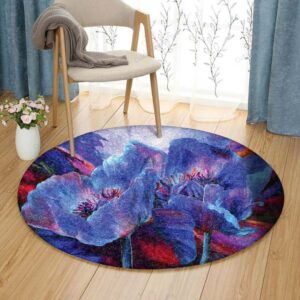 Blue Poppies On Red Round Carpet Floor Rug Living Room Bedroom Decor Round Area Rug Carpet
