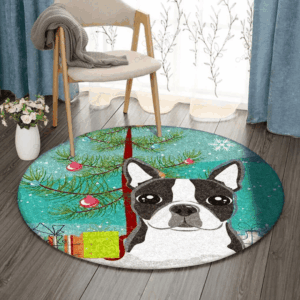 Boston Terrier In Snow Round Carpet Floor Rug Living Room Bedroom Decor Round Area Rug Carpet