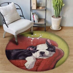 Boston Terrier Want To Eat Bones Round Carpet Floor Rug Living Room Bedroom Decor Round Area Rug Carpet