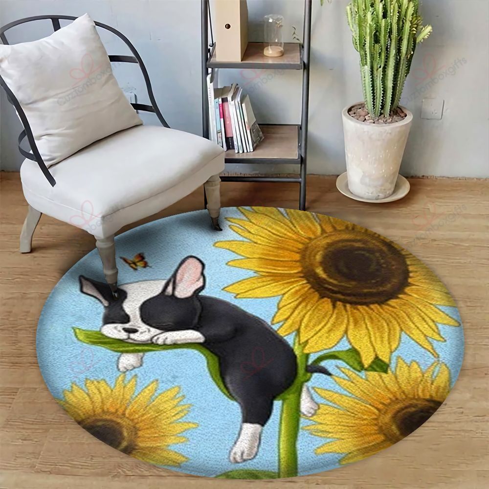 Boston Terrier With Sunflowers Round Carpet Floor Rug Living Room Bedroom Decor Round Area Rug Carpet Boston Terrier With Sunflowers Round Carpet Floor Rug Living Room Bedroom Decor Round Area Rug Carpet