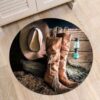 Brown Cowboy Hat And Leather Boots Round Carpet Floor Rug Living Room Bedroom Decor Round Area Rug Carpet