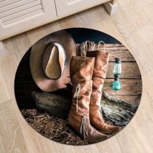 Brown Cowboy Hat And Leather Boots Round Carpet Floor Rug Living Room Bedroom Decor Round Area Rug Carpet