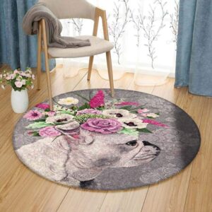 Bulldog Flowers Round Carpet Floor Rug Living Room Bedroom Decor Round Area Rug Carpet