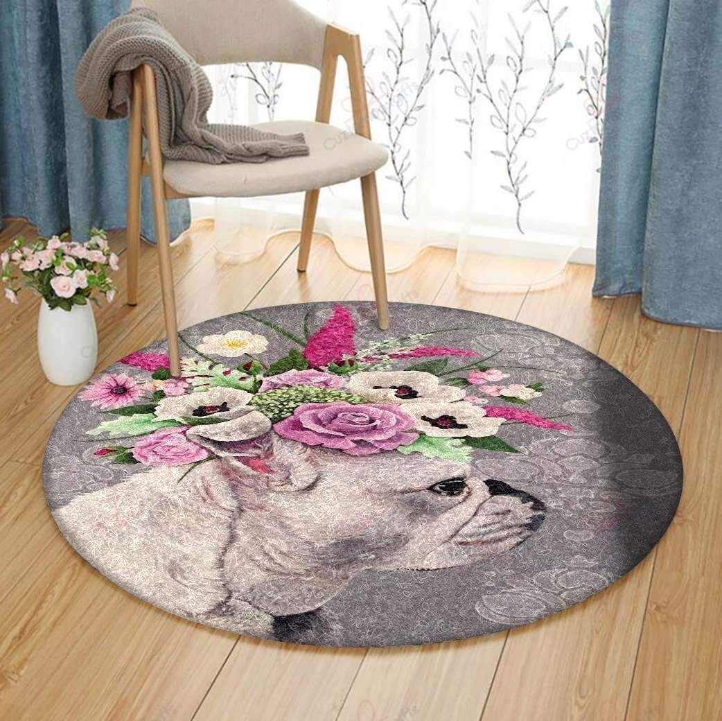 Bulldog With Flowers Round Carpet Floor Rug Living Room Bedroom Decor Round Area Rug Carpet Bulldog With Flowers Round Carpet Floor Rug Living Room Bedroom Decor Round Area Rug Carpet
