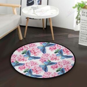 Butterfly Peony Floral Round Carpet Floor Rug Living Room Bedroom Decor Round Area Rug Carpet