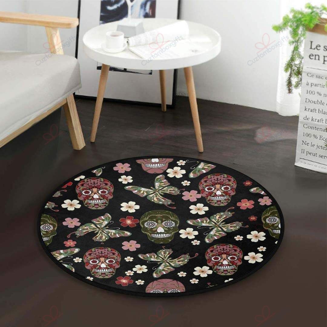 Butterfly Skull Floral Round Carpet Floor Rug Living Room Bedroom Decor Round Area Rug Carpet Butterfly Skull Floral Round Carpet Floor Rug Living Room Bedroom Decor Round Area Rug Carpet