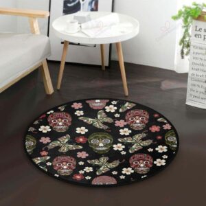 Butterfly Skull Floral Round Carpet Floor Rug Living Room Bedroom Decor Round Area Rug Carpet