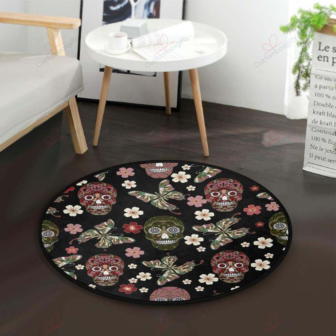 Butterfly Skull Floral Round Carpet Floor Rug Living Room Bedroom Decor Round Area Rug Carpet Butterfly Skull Floral Round Carpet Floor Rug Living Room Bedroom Decor Round Area Rug Carpet