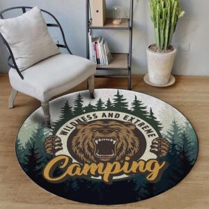 Camping Bear Round Carpet Floor Rug Living Room Bedroom Decor Round Area Rug Carpet