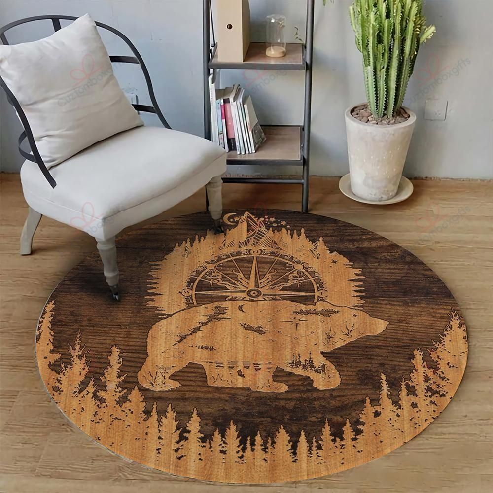 Camping Bear Wood Round Carpet Floor Rug Living Room Bedroom Decor Round Area Rug Carpet Camping Bear Wood Round Carpet Floor Rug Living Room Bedroom Decor Round Area Rug Carpet