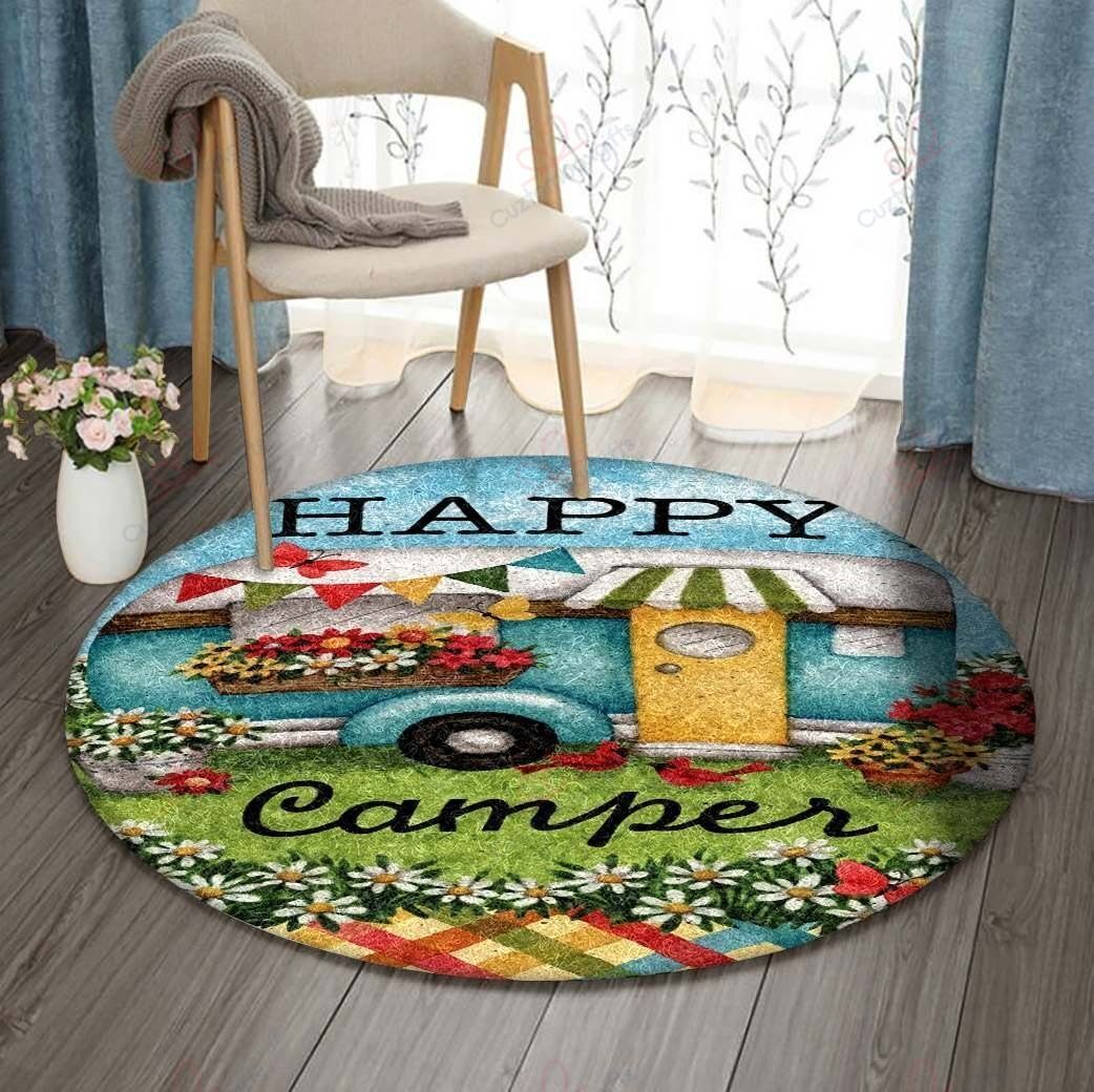 Camping Happy Camper Round Carpet Floor Rug Living Room Bedroom Decor Round Area Rug Carpet Camping Happy Camper Round Carpet Floor Rug Living Room Bedroom Decor Round Area Rug Carpet