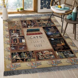 Cat And Bookshelf Rug Sport Decor Gift Floor Decor Living Room Carpet Rug Area Rug - 26b1579cbc69