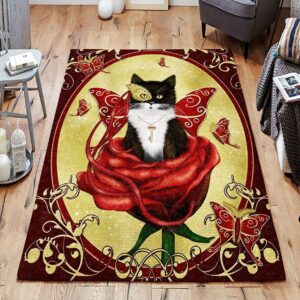 Cat And Butterfly In Red Roses Rug Sport Decor Gift Floor Decor Living Room Carpet Rug Area Rug - d37ff7d5783e