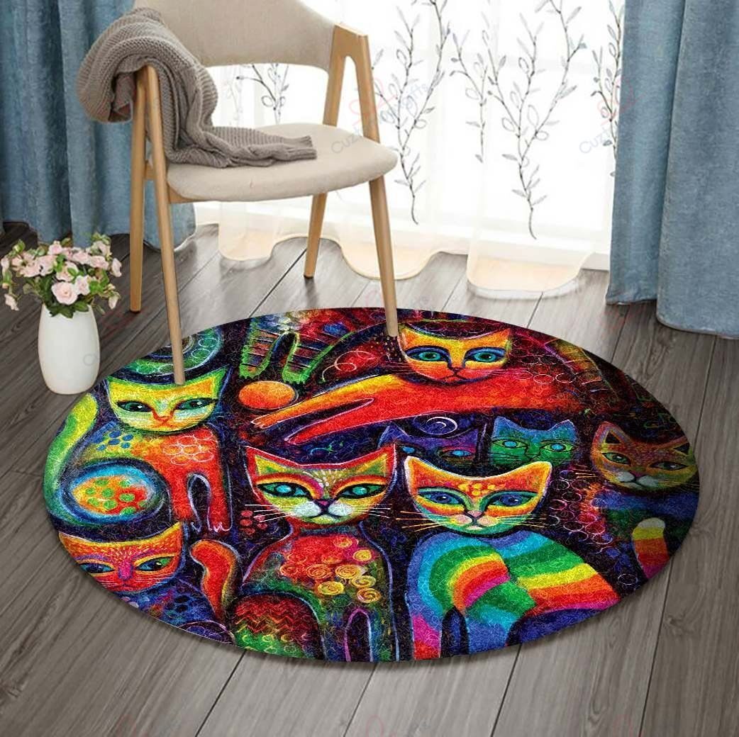 Cat Rainbow Round Carpet Floor Rug Living Room Bedroom Decor Round Area Rug Carpet Cat Rainbow Round Carpet Floor Rug Living Room Bedroom Decor Round Area Rug Carpet