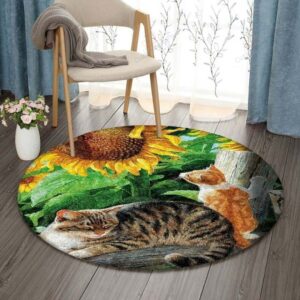 Cat Sunflowers Round Carpet Floor Rug Living Room Bedroom Decor Round Area Rug Carpet
