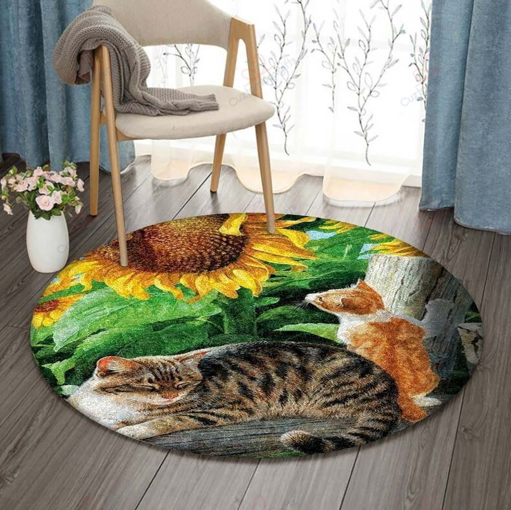 Cat Sunflowers Round Carpet Floor Rug Living Room Bedroom Decor Round Area Rug Carpet Cat Sunflowers Round Carpet Floor Rug Living Room Bedroom Decor Round Area Rug Carpet