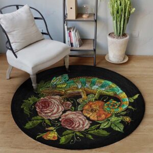 Chameleons Flowers Round Carpet Floor Rug Living Room Bedroom Decor Round Area Rug Carpet
