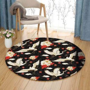 Crane Bird And Flowers Round Carpet Floor Rug Living Room Bedroom Decor Round Area Rug Carpet