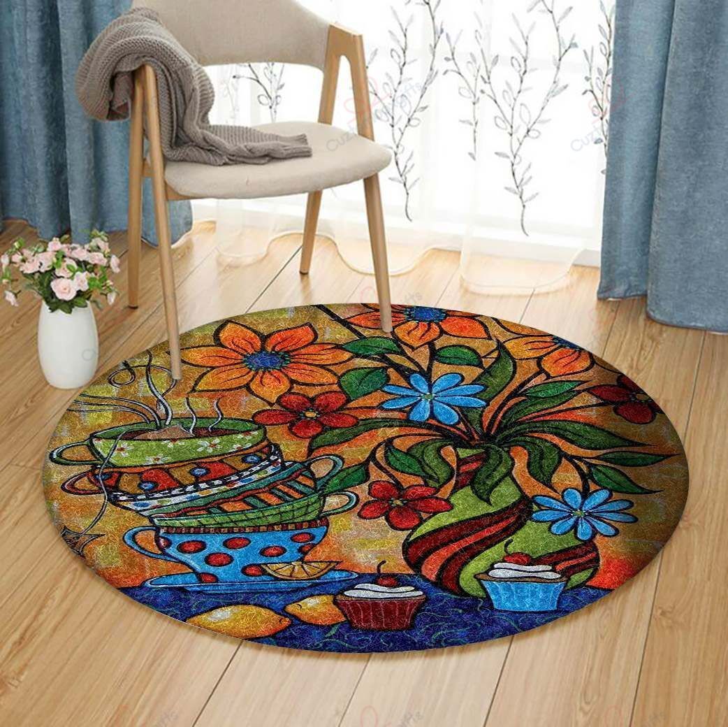 Cup Of Tea And Flower Round Carpet Floor Rug Living Room Bedroom Decor Round Area Rug Carpet Cup Of Tea And Flower Round Carpet Floor Rug Living Room Bedroom Decor Round Area Rug Carpet