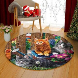 Cute Cats In Garden Round Carpet Floor Rug Living Room Bedroom Decor Round Area Rug Carpet