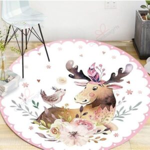 Cute Deer And Bird Round Carpet Floor Rug Living Room Bedroom Decor Round Area Rug Carpet