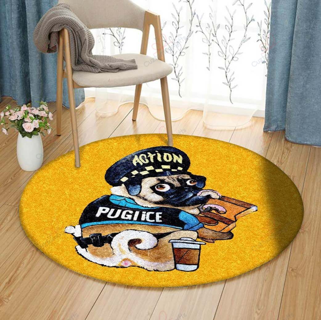 Cute Police Pug Eating Pink Donuts Round Carpet Floor Rug Living Room Bedroom Decor Round Area Rug Carpet Cute Police Pug Eating Pink Donuts Round Carpet Floor Rug Living Room Bedroom Decor Round Area Rug Carpet
