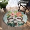 Cute Sloth With Flower Round Carpet Floor Rug Living Room Bedroom Decor Round Area Rug Carpet