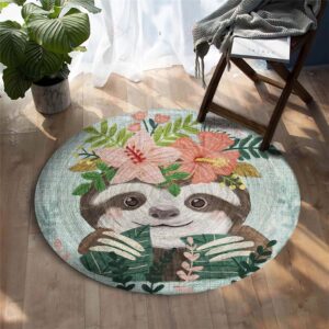 Cute Sloth With Flower Round Carpet Floor Rug Living Room Bedroom Decor Round Area Rug Carpet