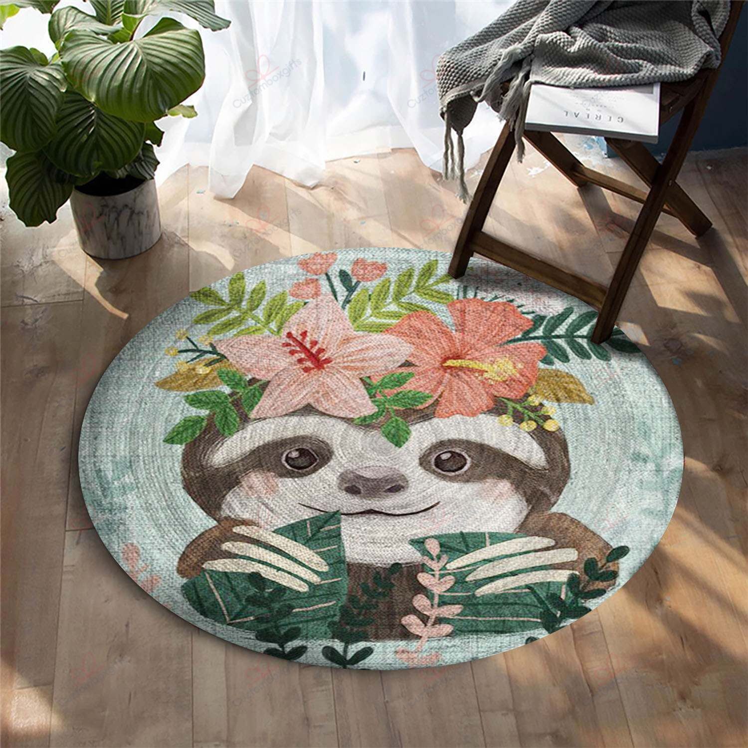 Cute Sloth With Flower Round Carpet Floor Rug Living Room Bedroom Decor Round Area Rug Carpet Cute Sloth With Flower Round Carpet Floor Rug Living Room Bedroom Decor Round Area Rug Carpet