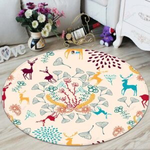 Deer And Flower Round Carpet Floor Rug Living Room Bedroom Decor Round Area Rug Carpet