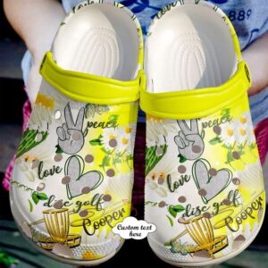 Disc Golf Personalized Peace Love Yellow Sku 829 Crocs Crocband Clog Comfortable For Mens Womens Classic Clog Water Shoes