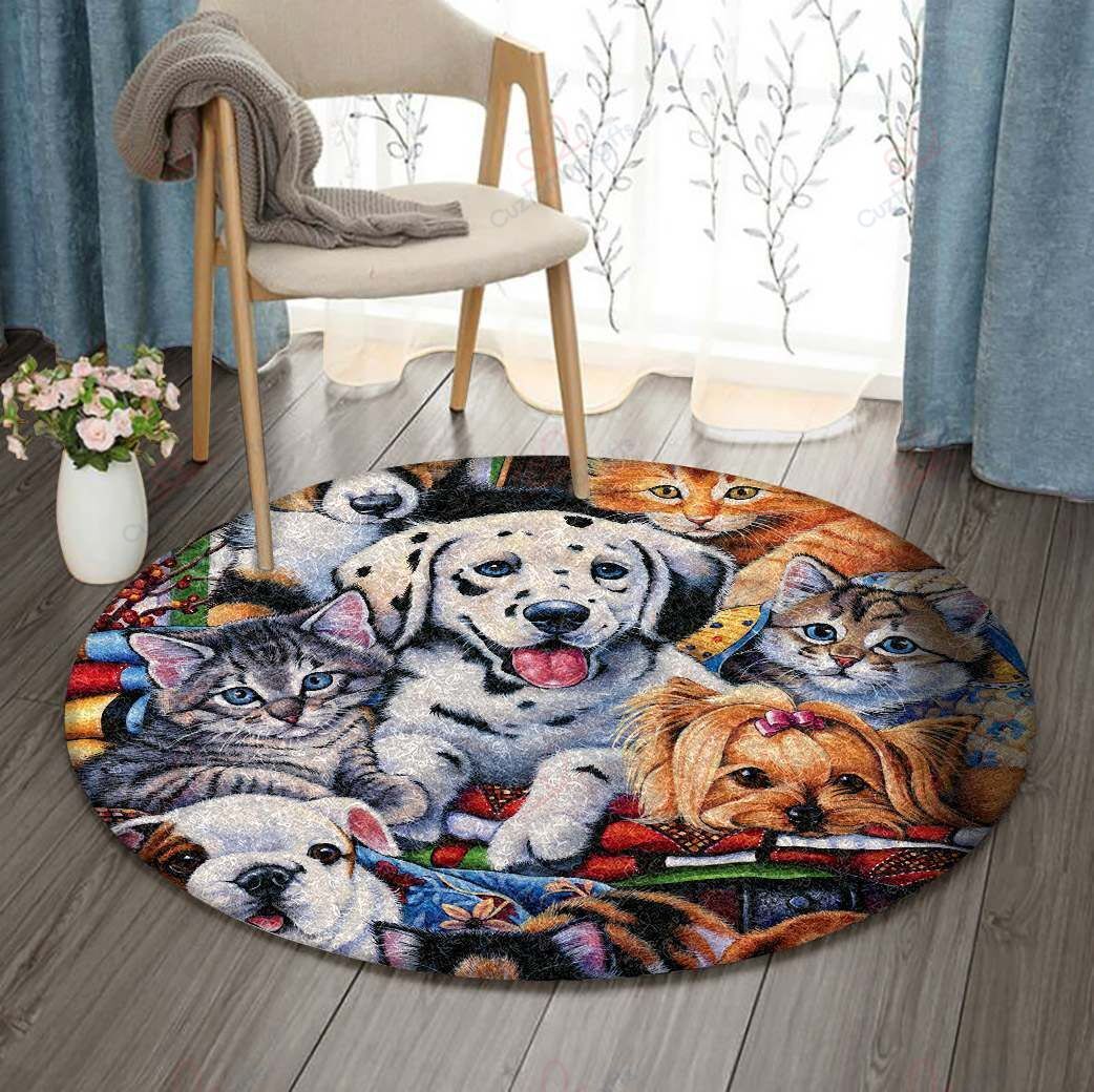 Dogs And Cats Round Carpet Floor Rug Living Room Bedroom Decor Round Area Rug Carpet Dogs And Cats Round Carpet Floor Rug Living Room Bedroom Decor Round Area Rug Carpet