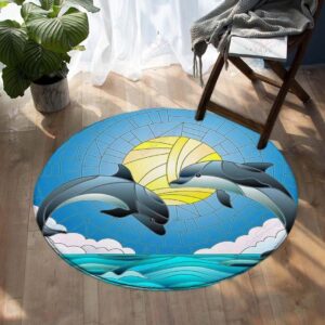 Dolphin Dancing Round Carpet Floor Rug Living Room Bedroom Decor Round Area Rug Carpet